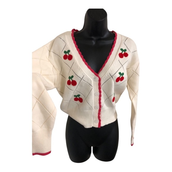Jessica Simpson cream pink scalloped trim cherry embroidered cardigan size M new - Picture 10 of 17